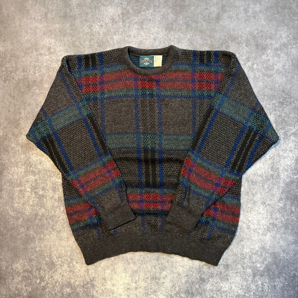 Vintage Jantzen‎ Mens XXL Tall Plaid Crewneck Sweater Gray Red Blue Made in USA